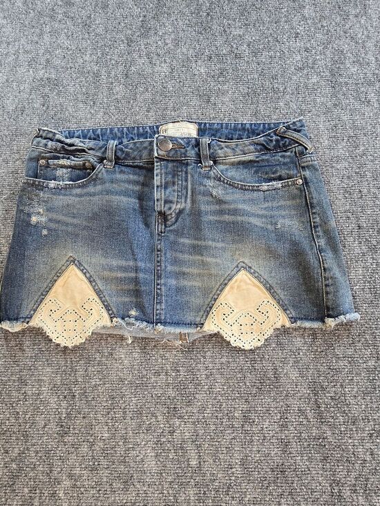 Free People Dresses & Skirts - Free People Denim Mini Skirt Womens 6 Blue Lace Inset Boho Festival